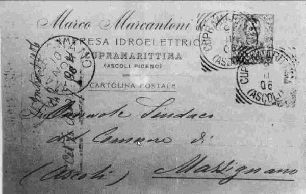 Cartolina postale del 1906 con l'intestazione dell'Impresa Idroelettrica di Marco Marcantoni